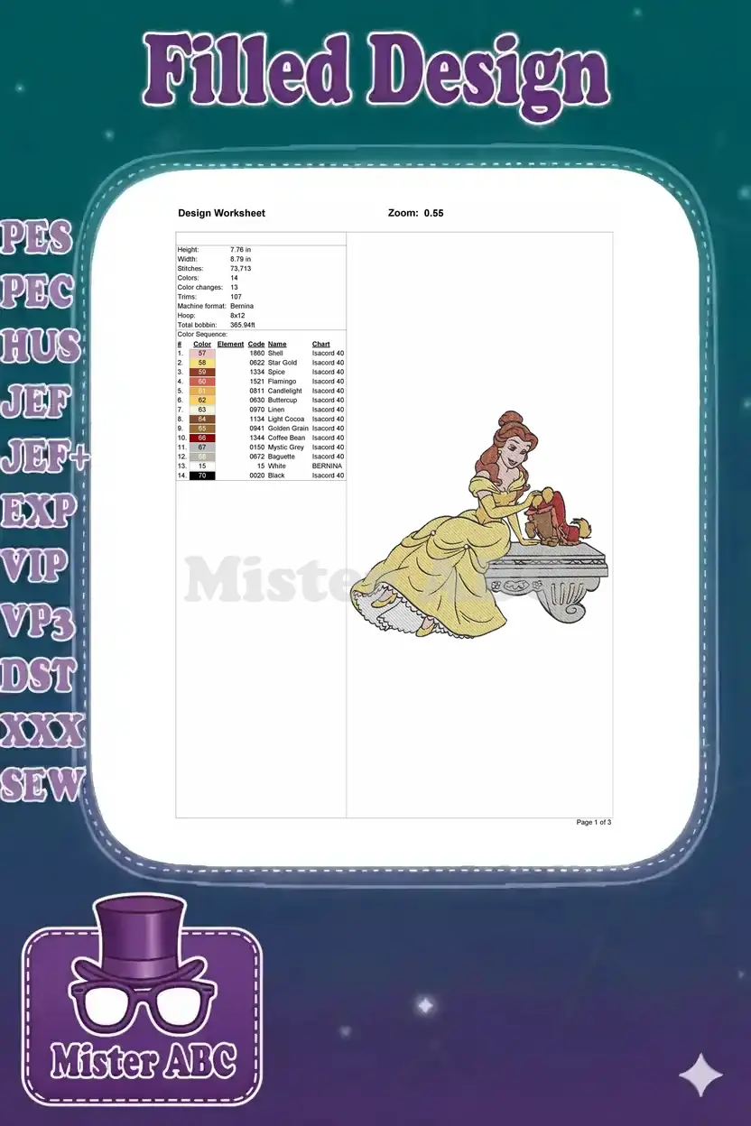 Embroidery design worksheet showing Belle, stitch count, dimensions, color chart, and machine compatibility details.