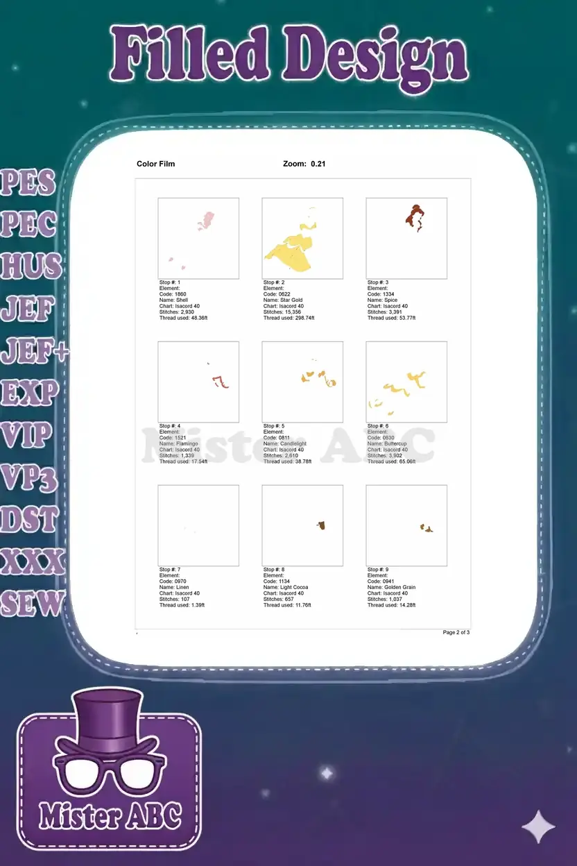 First page of the color film for the Belle embroidery design, showing thread stops 1 through 9 with details.