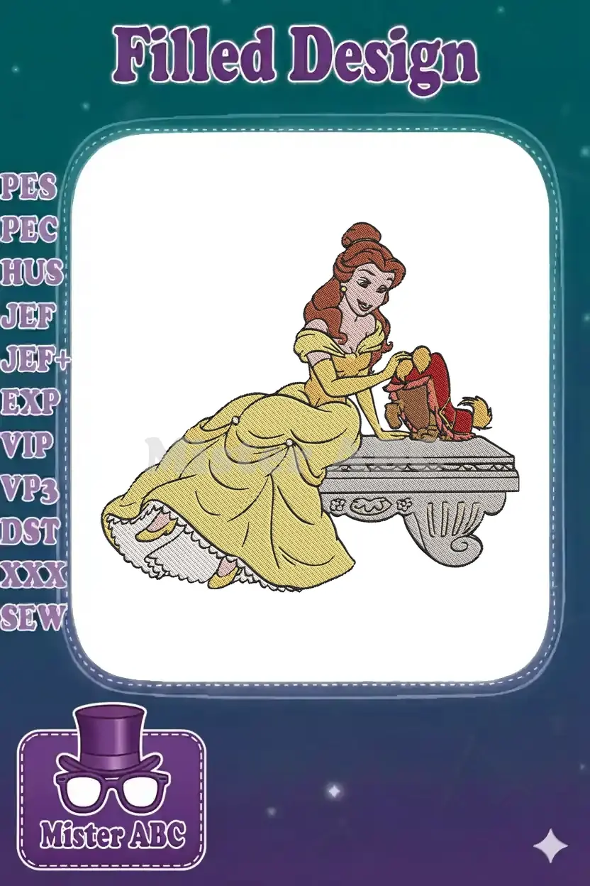 Full-color embroidery design of Princess Belle in a yellow gown, sitting elegantly and petting a small, brown companion.