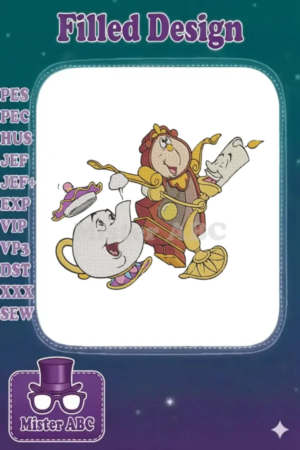 A vibrant embroidery design featuring Disney's Cogsworth, the clock, and Chip, the teacup, in a lively pose.