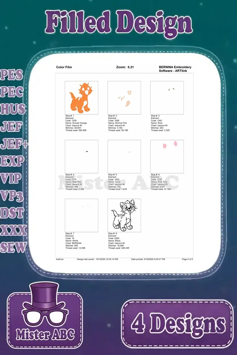Color film chart for the standing Oliver (Oliver & Company) cat embroidery design, illustrating stitch order.
