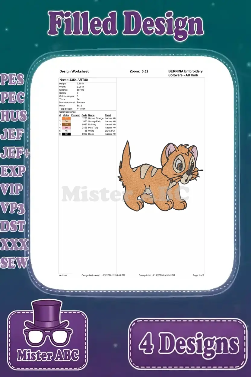 Detailed design worksheet for the walking Oliver (Oliver & Company) cat filled embroidery design, with specs.