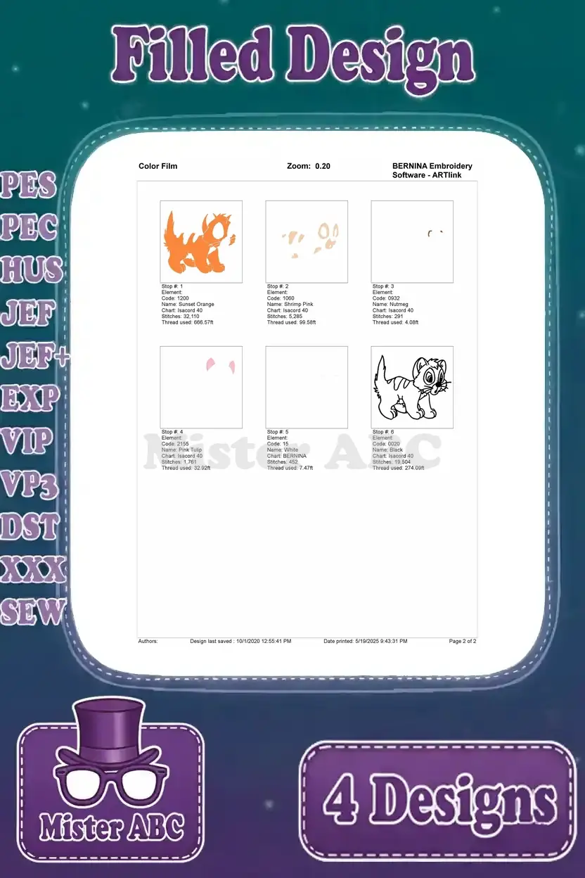 Color film chart for the walking Oliver (Oliver & Company) cat embroidery design, detailing stitch progression.