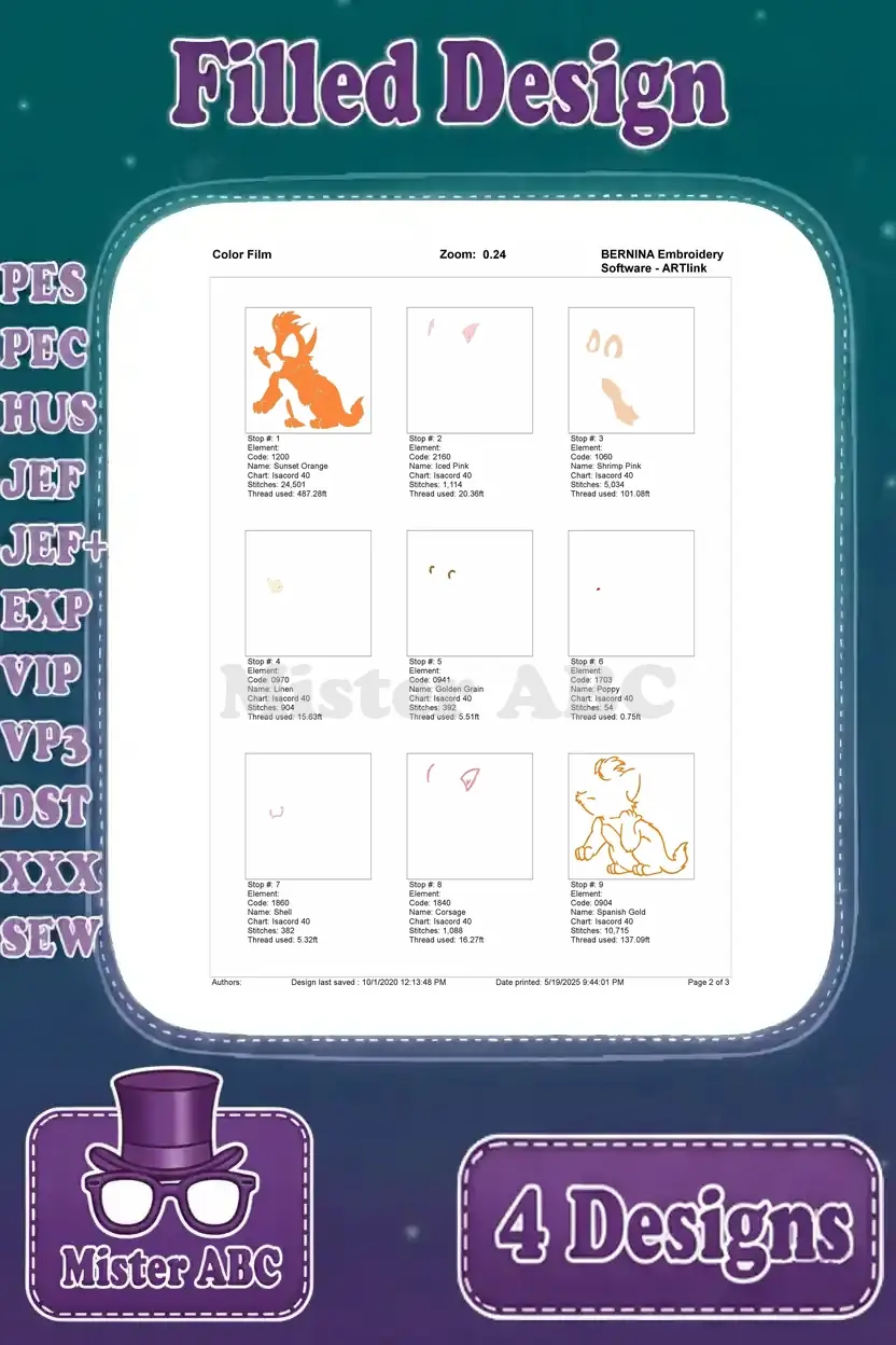 First page of the color film for the crawling Oliver embroidery, guiding initial thread changes and design layers.