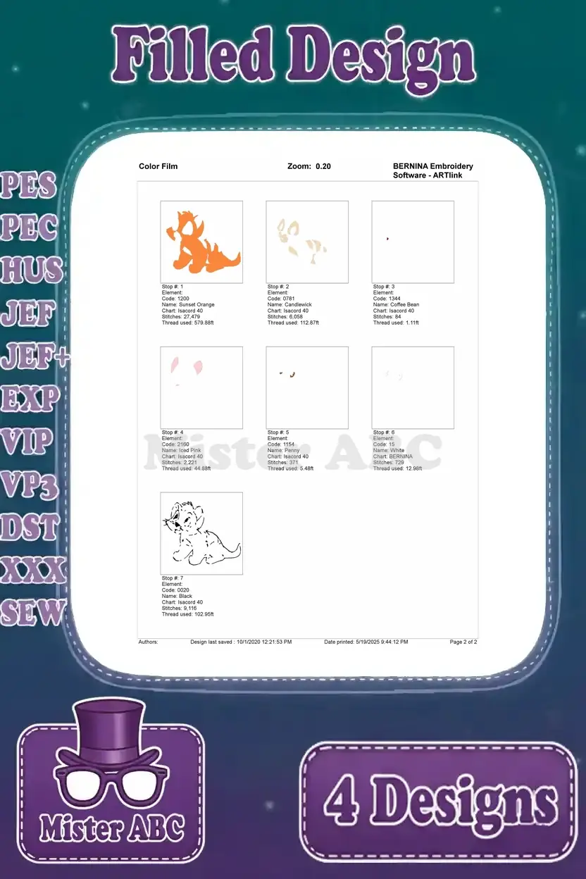 Color film guide for the relaxed Oliver embroidery, visually detailing the precise thread changes and stitch order.