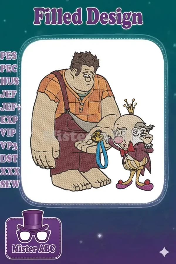 Wreck-It Ralph holding a gold medal for King Candy, showcasing detailed embroidery on a white background.