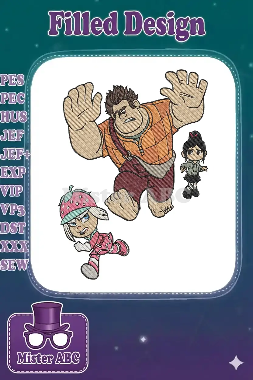 Full color embroidery design featuring Wreck-It Ralph with hands up, Vanellope von Schweetz, and Taffyta Muttonfudge running.