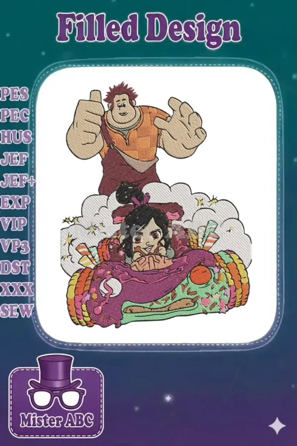 Wreck-It Ralph and Vanellope von Schweetz embroidery design, featuring Ralph giving a thumbs up and Vanellope in her candy kart.