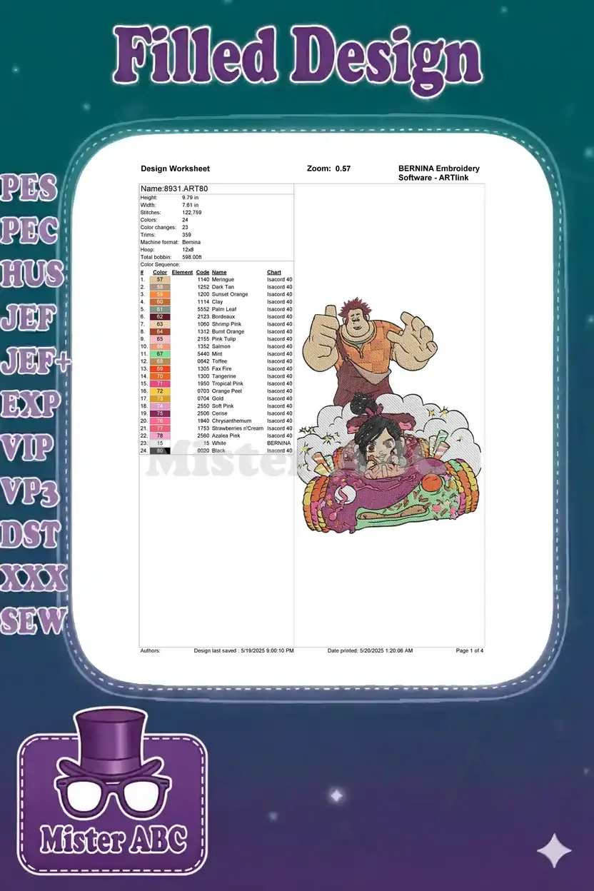 BERNINA embroidery design worksheet for Wreck-It Ralph and Vanellope, detailing dimensions, stitch count, and color sequence.