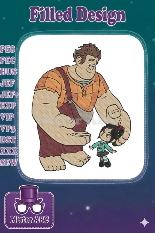 Full-color digital embroidery of Wreck-It Ralph and Vanellope von Schweetz, showcasing their detailed forms.