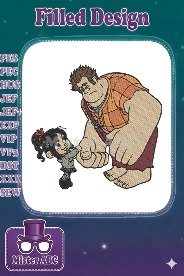 Wreck-It Ralph and Vanellope embroidery design, showcasing their iconic friendship in vibrant fill stitches.