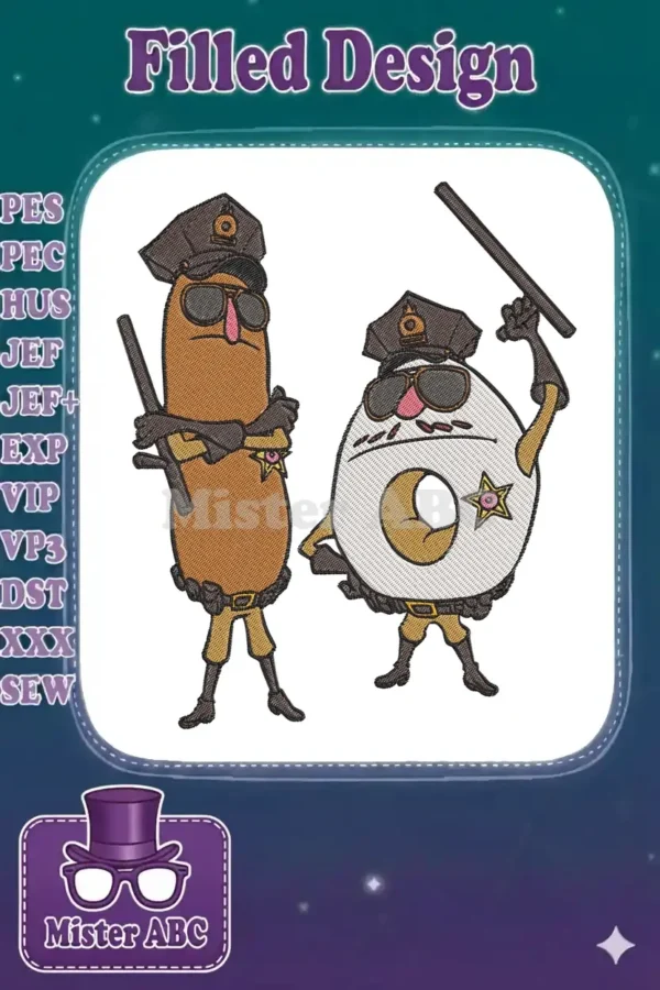 Two animated police characters, a sausage and a donut, in uniform with batons, intricately embroidered.