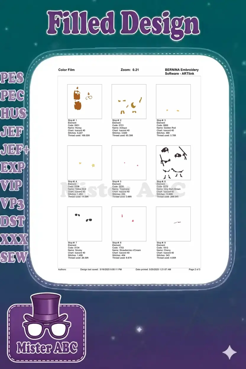 First page of the embroidery color film, showing individual thread color stops and their stitch areas.