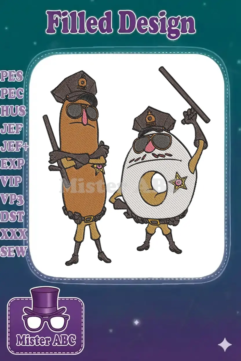 Two animated police characters, a sausage and a donut, in uniform with batons, intricately embroidered.