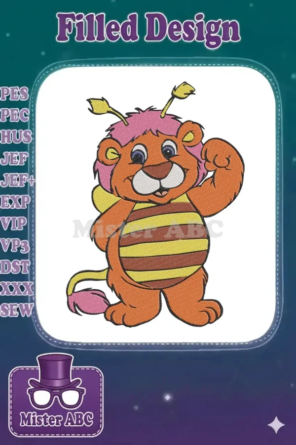 A vibrant embroidery design featuring a cute, orange lion character wearing a yellow and brown striped bee costume.