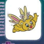 Cute yellow flying bear bunny with flower adorned embroidery designs - Instant Download