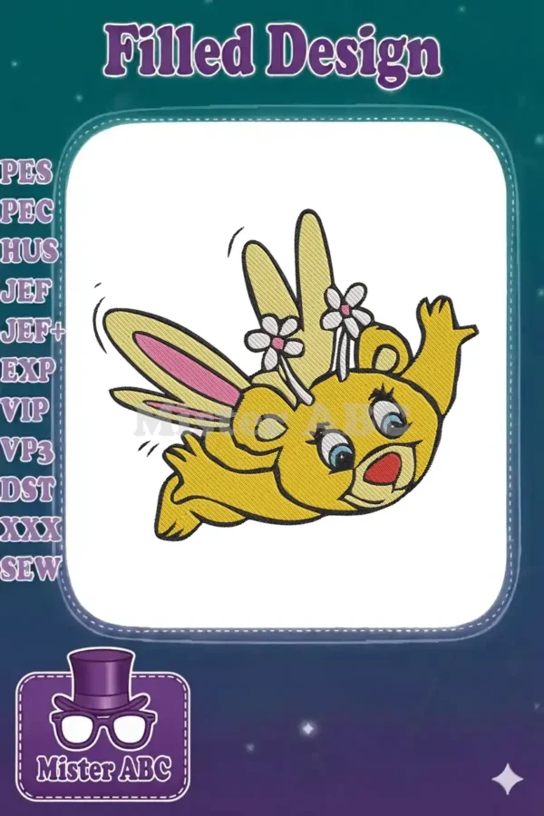 A charming embroidery design of a yellow bear with pink bunny ears and small white flower wings, soaring joyfully.