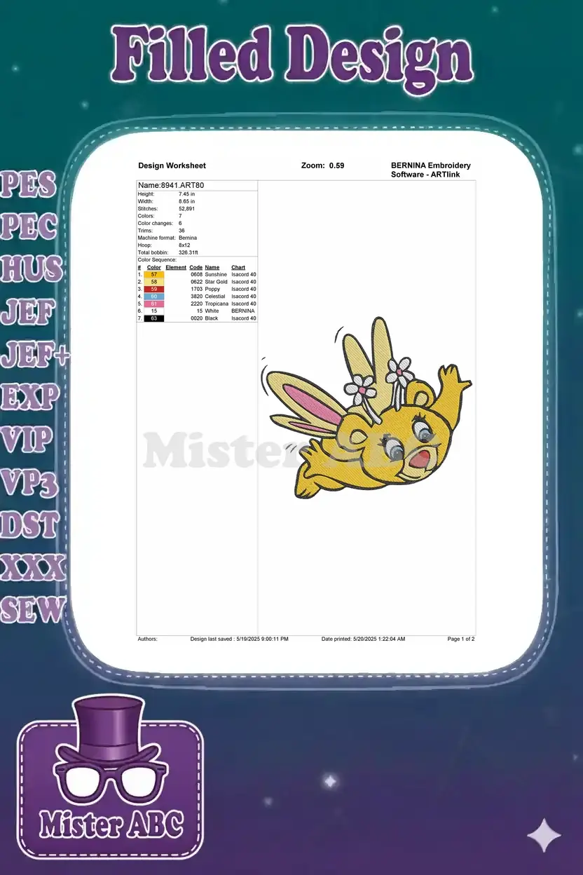 A detailed embroidery design worksheet displaying dimensions, stitch count, color sequence, and machine specifications.