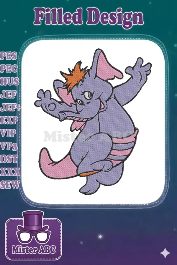A vibrant embroidery design featuring a playful purple elephant with orange hair, dancing energetically on a white background.