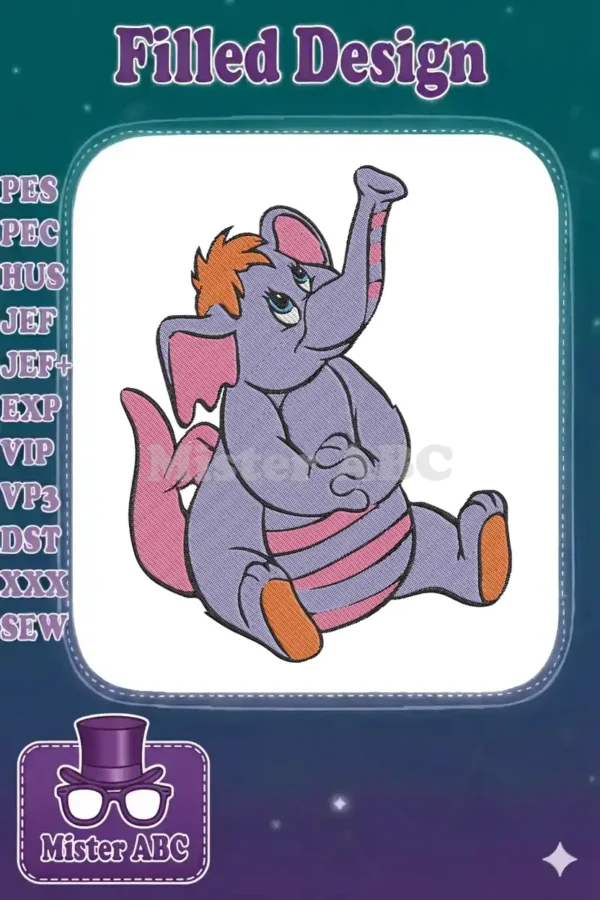 A charming purple elephant embroidery design, sitting with crossed arms and an upturned trunk, featuring orange hair.