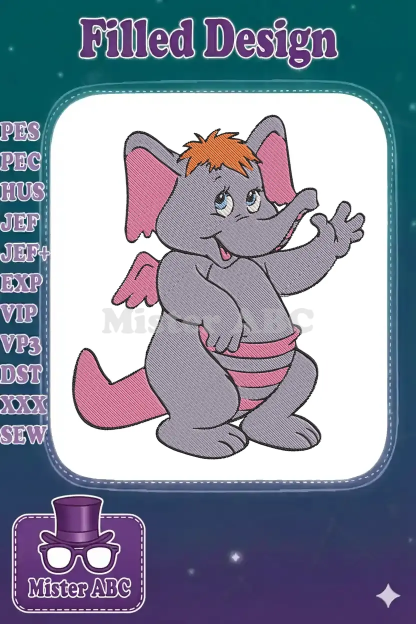 A charming embroidery design of a baby elephant with small pink wings, an orange topknot, and a pink diaper.