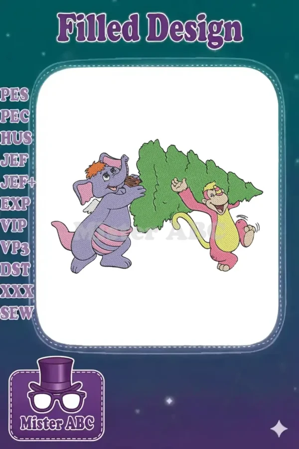 Vibrant embroidery of a purple winged elephant and a pink monkey, gleefully carrying a lush green Christmas tree.