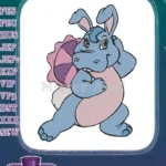 Adorable blue hippopotamus bunny ears pink belly flower embroidery designs - Instant Download