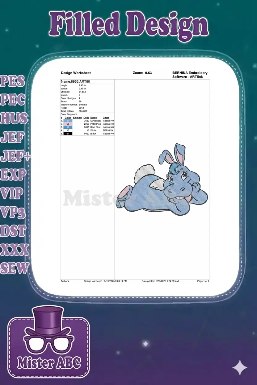 Embroidery design worksheet for Swift Heart Rabbit, detailing dimensions, stitch count, colors, and machine info.