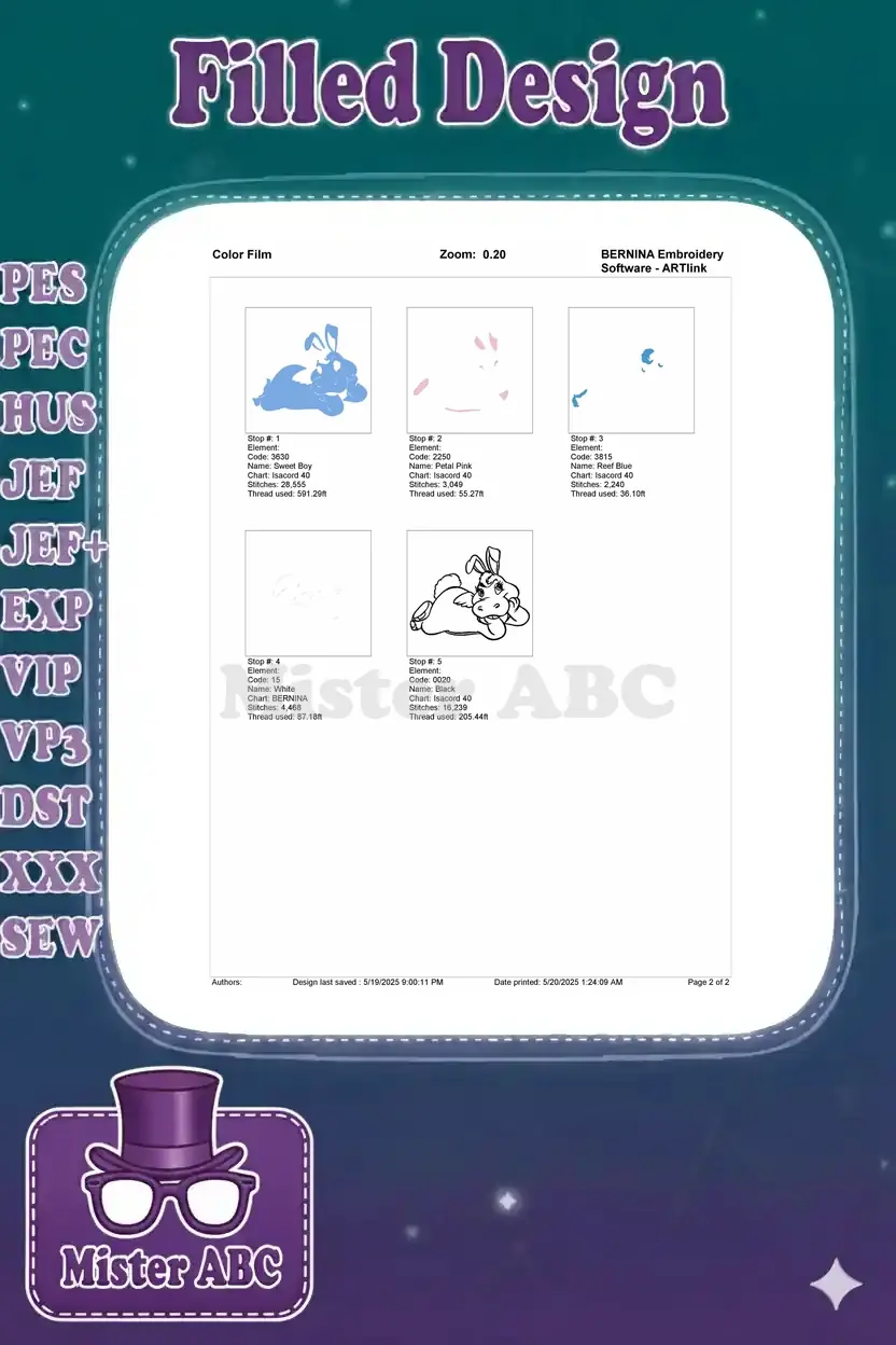 Color film breakdown of the Swift Heart Rabbit embroidery, showing the stitching sequence for each color stop.