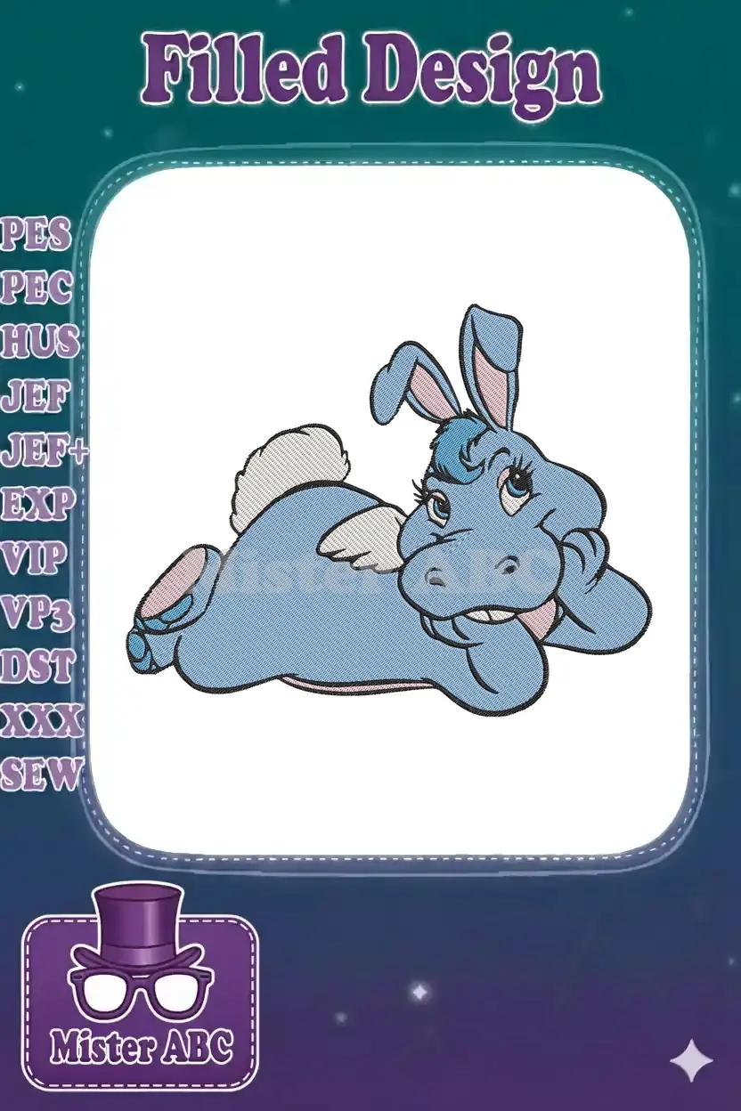 Close-up of a whimsical Swift Heart Rabbit embroidery design, featuring light blue fur, pink accents, and small wings.