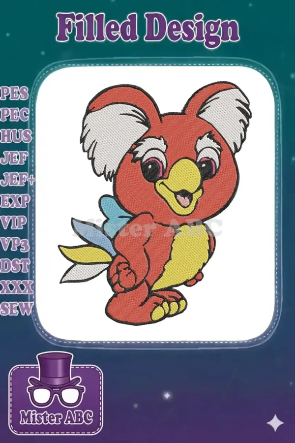 Vibrant red and yellow cartoon bird-koala hybrid embroidery design, featuring playful expression and detailed stitching.