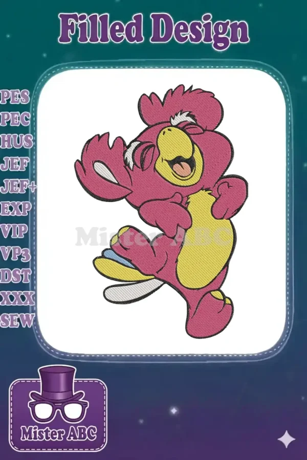 Playful pink and yellow cartoon character embroidery design, possibly a stylized bird, with a joyful expression.