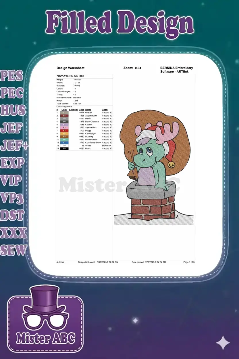 Embroidery design worksheet for the Christmas dragon, detailing dimensions, stitch count, color sequence, and thread types.