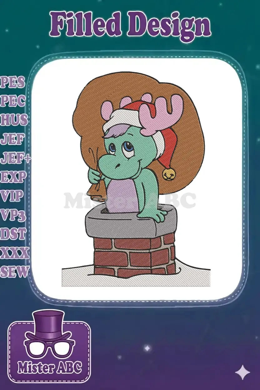 A cute green dragon in a Santa hat with pink antlers, emerging from a brick chimney, holding a bell, with a gift sack.
