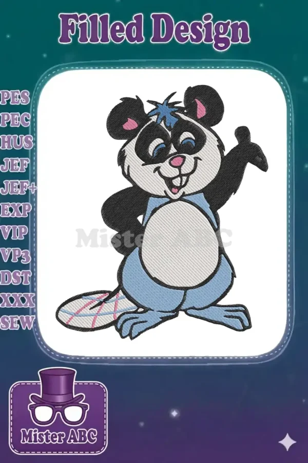 Friendly panda-beaver embroidery, featuring a cheerful character in blue overalls waving hello. High-quality stitched detail.