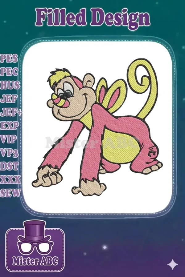 Vibrantly stitched cartoon winged monkey embroidery design, featuring pink fur, yellow accents, and a cheerful expression.
