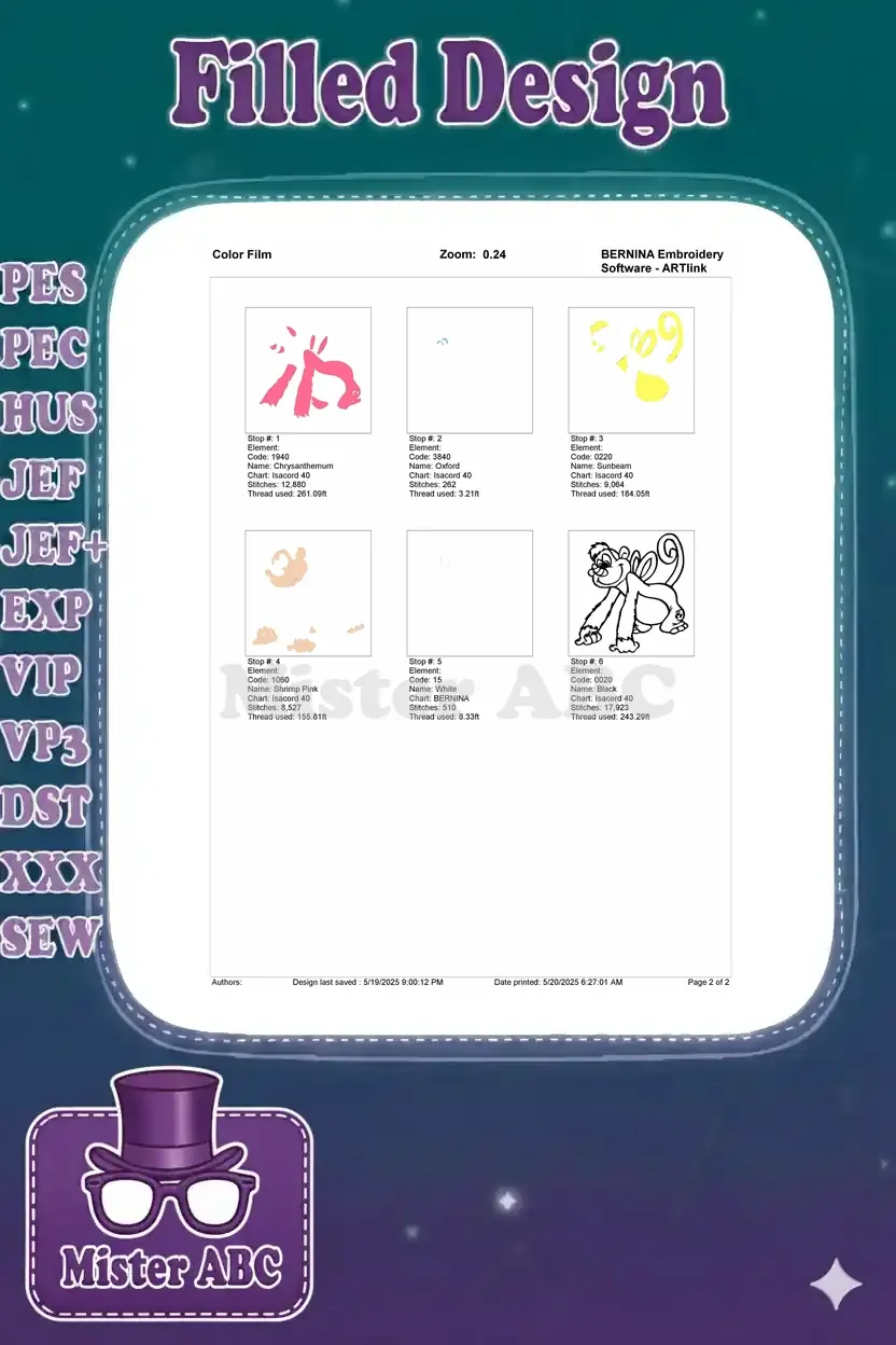 Color film breakdown showing the stitching sequence and individual color elements of the winged monkey design.