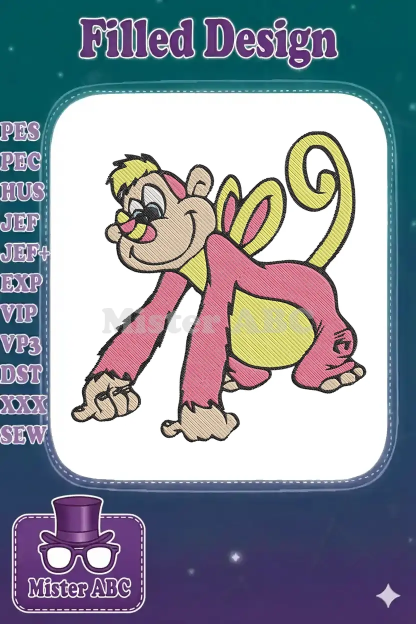 Vibrantly stitched cartoon winged monkey embroidery design, featuring pink fur, yellow accents, and a cheerful expression.