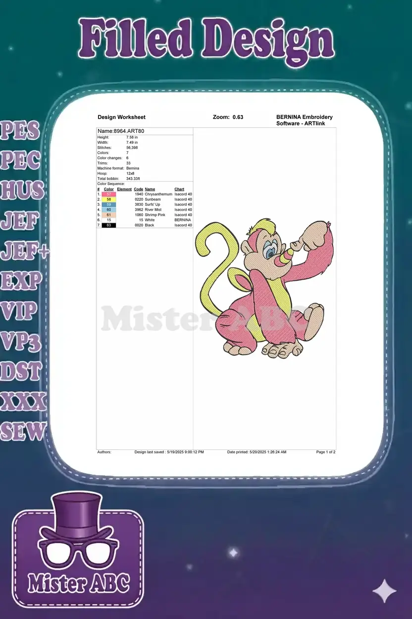 An embroidery design worksheet for the pink and yellow monkey, detailing dimensions, stitch count, color changes, and thread codes.