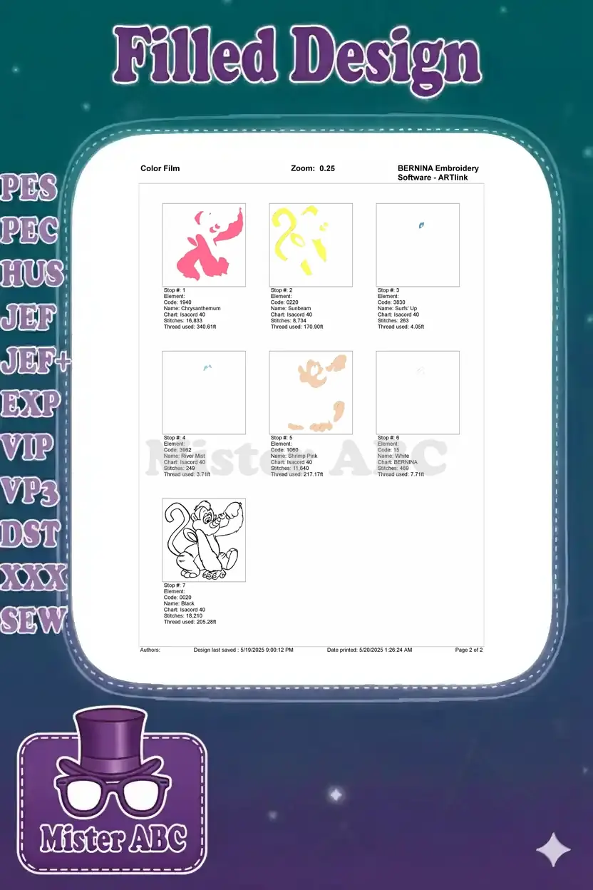 A color film breakdown of the monkey embroidery design, showing each color stop and its individual stitch details.