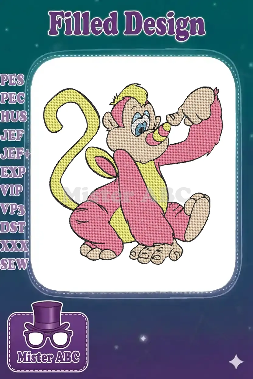 A vibrant, cartoon-style monkey embroidery design in pink and yellow, holding a small horn, ready to be stitched.