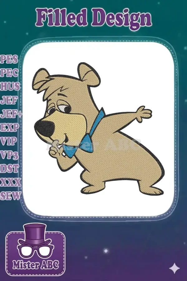 Yogi Bear embroidery design, cartoon character with blue bowtie, finger to lips, on white background, playful pose.