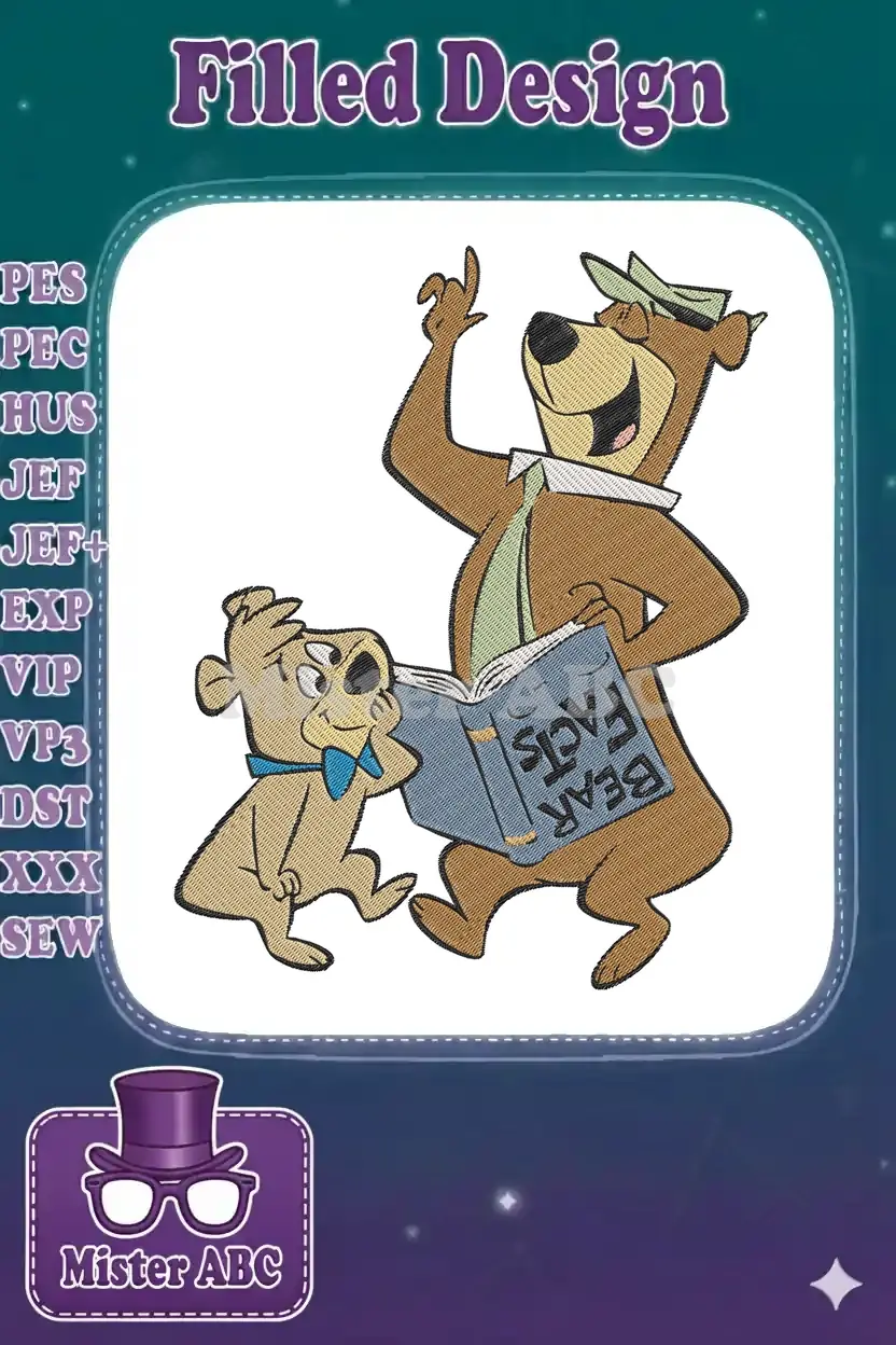 Yogi Bear in a hat pointing upwards, teaching Boo Boo from a blue 'Bear Facts' book, both smiling.