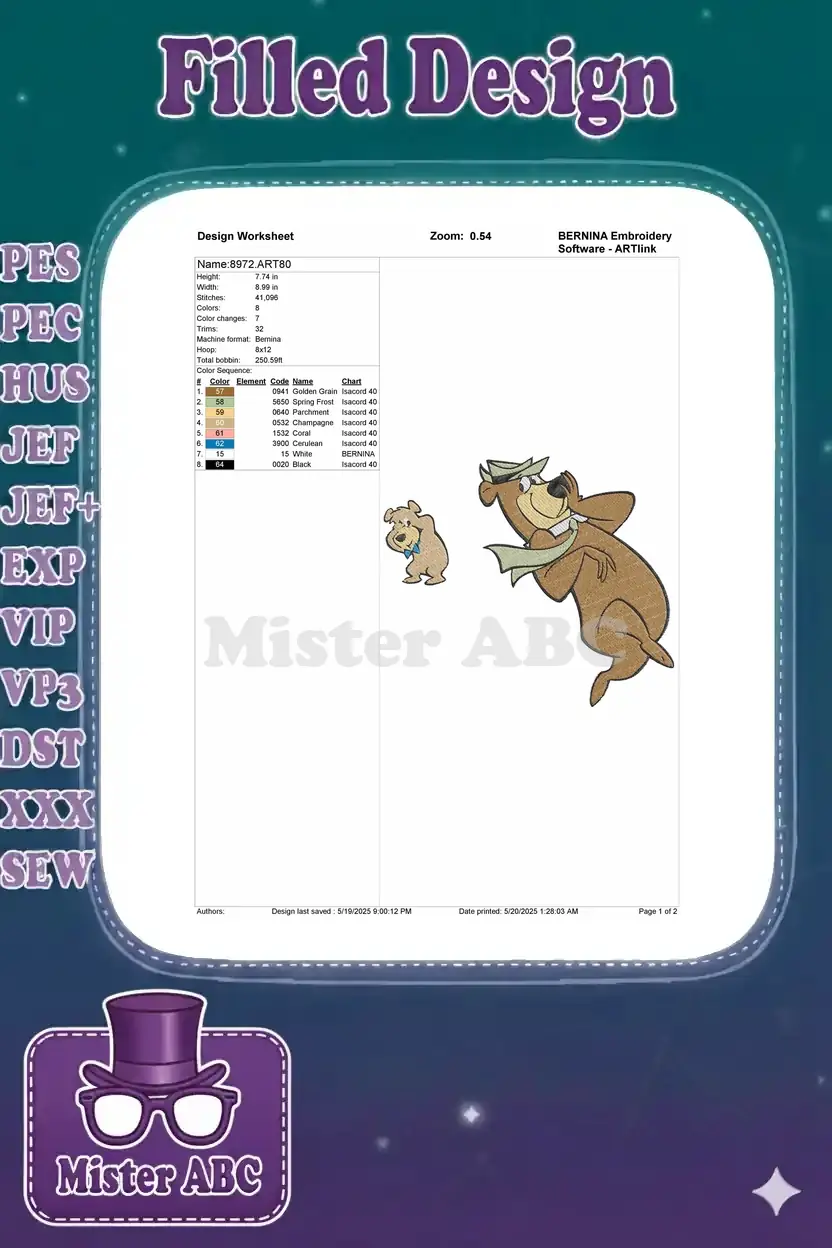 Embroidery design worksheet for Yogi Bear and Boo Boo, showing dimensions, stitch count, color sequence, and thread chart.