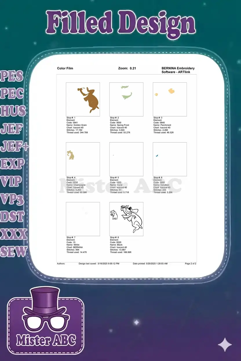 Embroidery color film showing the step-by-step stitching process for Yogi Bear and Boo Boo, detailing each color's thread usage.