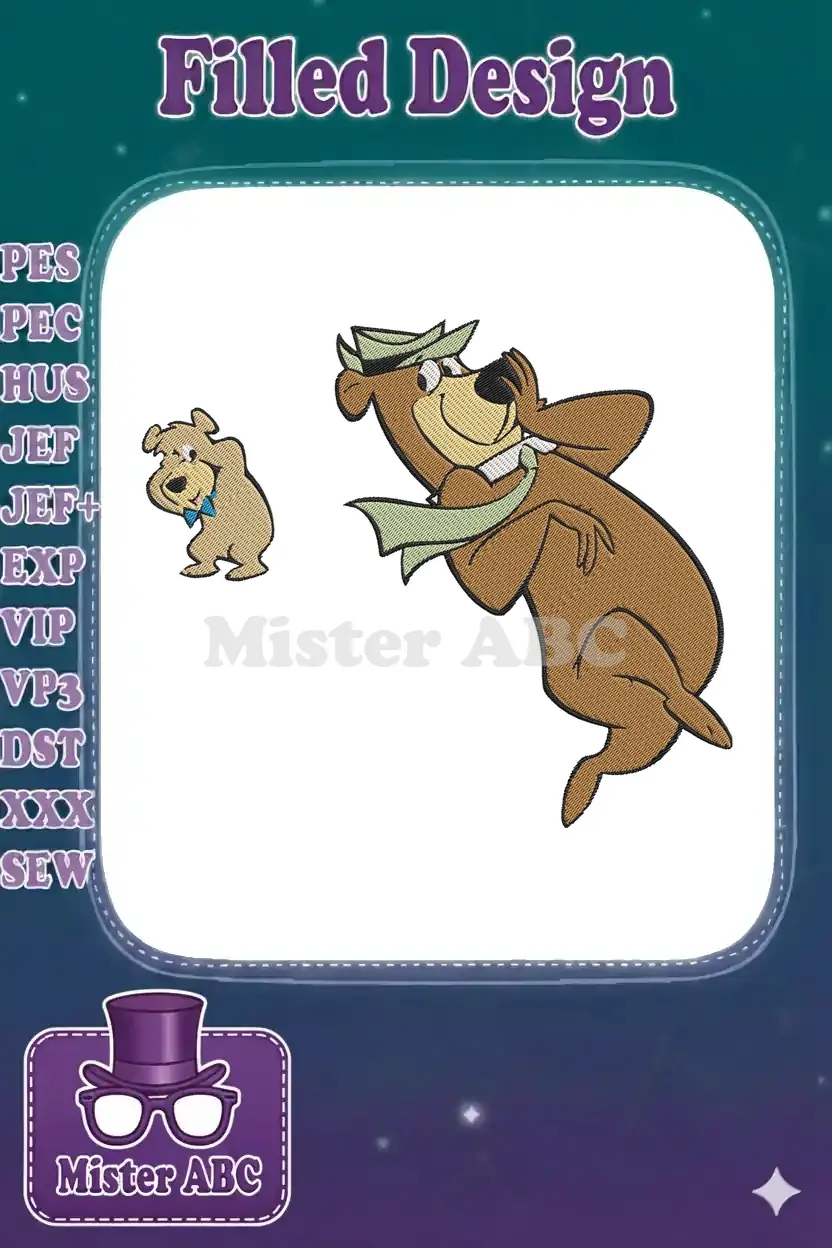 Yogi Bear tipping his hat with Boo Boo beside him, a vibrant, detailed cartoon embroidery design on white background.