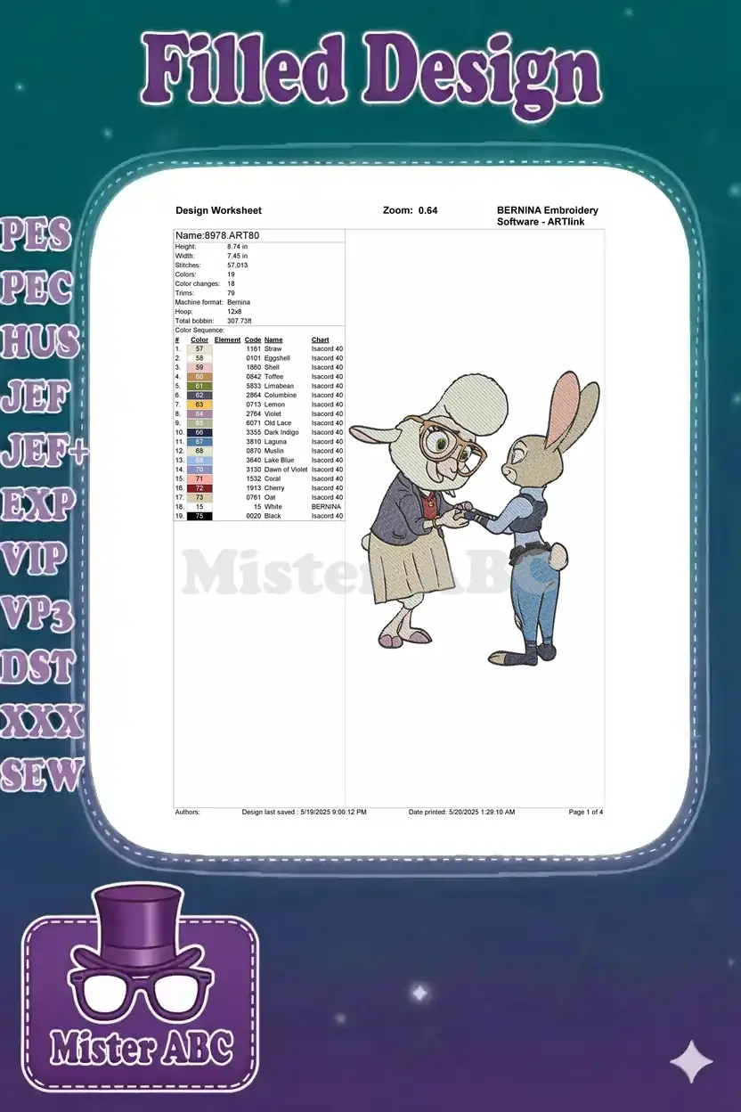 Embroidery design worksheet showing dimensions, stitch count, color chart, and a small preview of the Judy Hopps and Bonnie Hopps design.