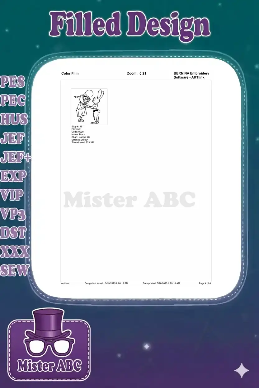 Final page of the color film, displaying the last stitch-out element (color 19, black outline) for the Zootopia embroidery design.