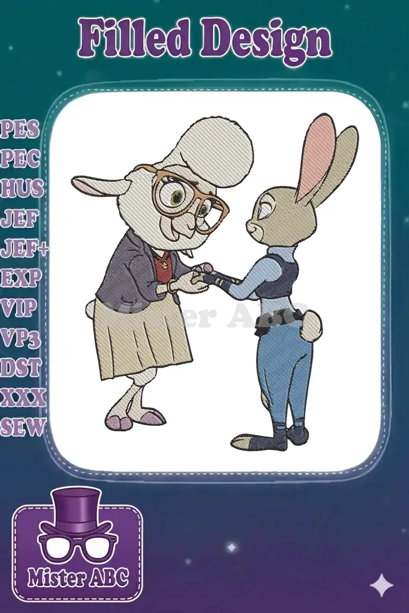 Detailed embroidery of Bonnie Hopps, wearing glasses and a skirt, holding hands with Judy Hopps in her police uniform.