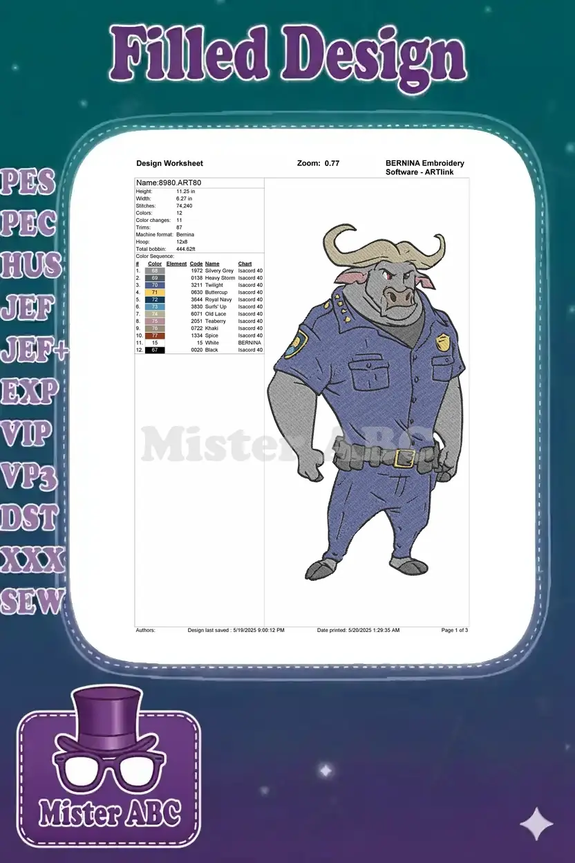 Embroidery design worksheet for Chief Bogo, showing dimensions, stitch count, color chart, and a small preview.